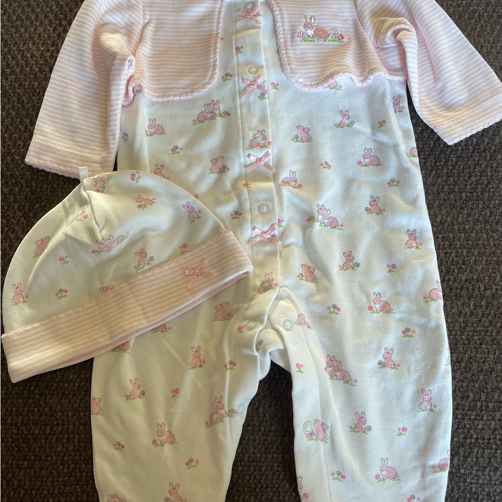 Little Me 3 Month Baby Bunny Print Footie and Hat Set 🩷 EUC